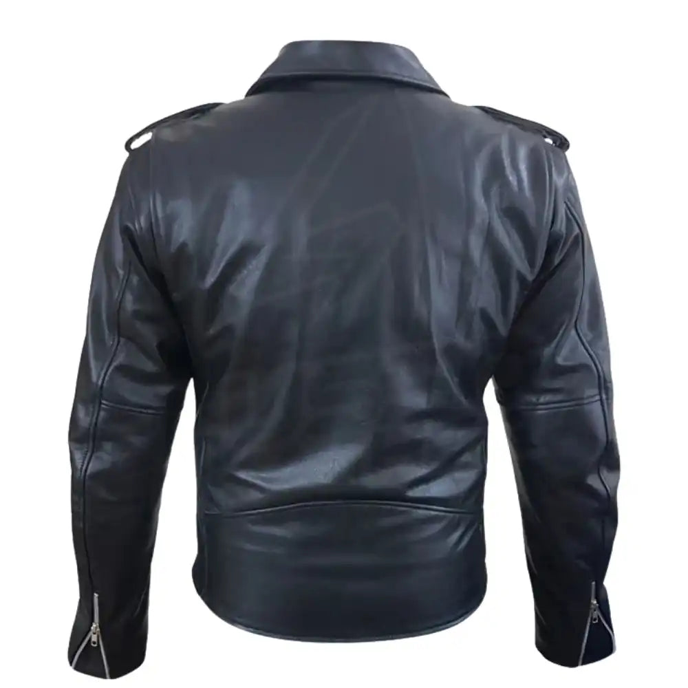 Back view of the black leather motorcycle jacket showing the action-back shoulder gussets for mobility and reinforced seams for safety.