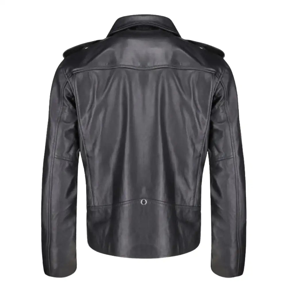 Back view of the leather biker jacket showcasing the clean lines and military-inspired epaulette design.