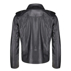 Back view of the leather biker jacket showcasing the clean lines and military-inspired epaulette design.