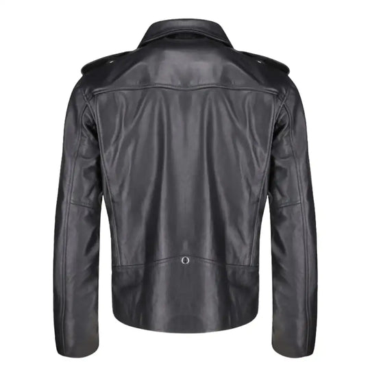 Back view of the leather biker jacket showcasing the clean lines and military-inspired epaulette design.