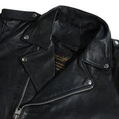 Close-up of the epaulette shoulder straps on the classic leather biker jacket with visible branding on a white background
