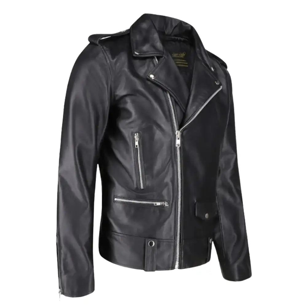 Side view of the classic leather biker jacket with epaulette details and a tailored fit.
