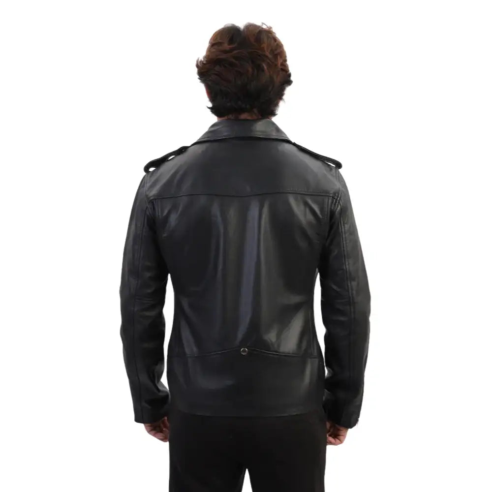 Model back view wearing the classic leather biker jacket with epaulette, styled with jeans for a casual, rugged look.