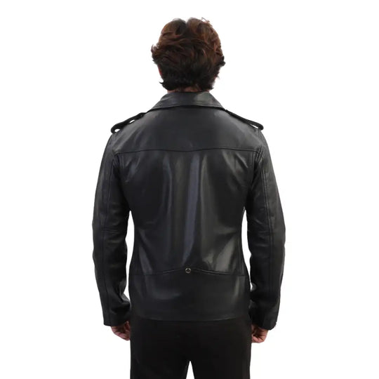 Model back view wearing the classic leather biker jacket with epaulette, styled with jeans for a casual, rugged look.