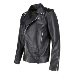Side view of the classic leather biker jacket with epaulette details and a tailored fit.