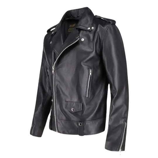 Side view of the classic leather biker jacket with epaulette details and a tailored fit.