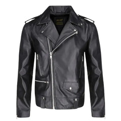 Front view of the classic leather biker jacket with epaulette shoulder straps and sleek zipper detailing.