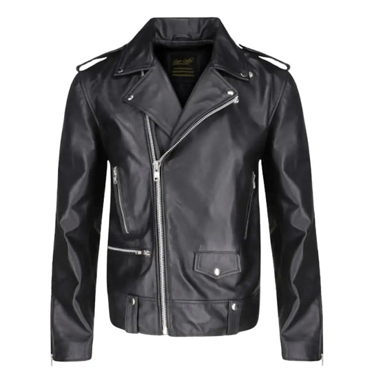 Front view of the classic leather biker jacket with epaulette shoulder straps and sleek zipper detailing.