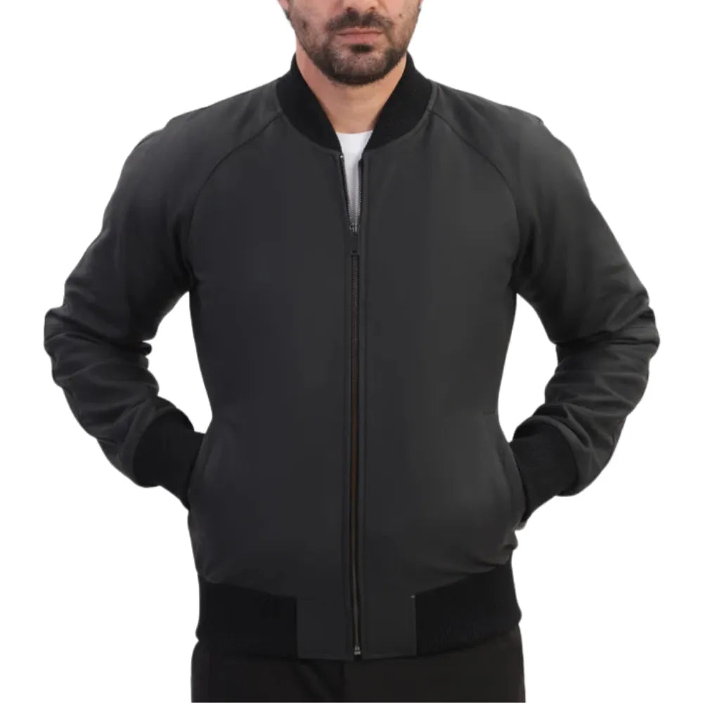 Model styling Colt Matte Black Ribbed Bomber Jacket ribbed leather bomber jacket look