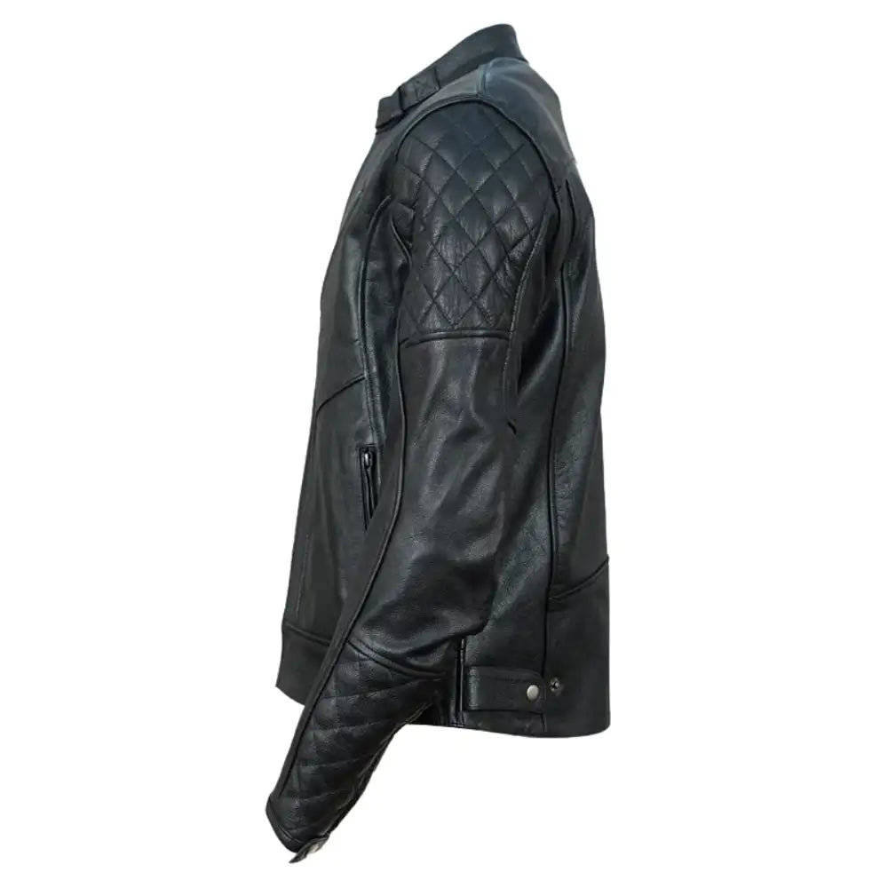 Detailed shot of the low-profile mandarin collar with a branded snap closure and soft-touch interior lining.