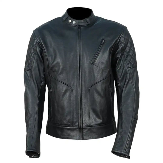 Full front view of Connor's Speedster cafe racer jacket in premium black leather, featuring a central zipper and intricate quilted stitching on the shoulders.