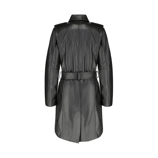 Back view of the coral black leather coat, showcasing the tailored panels and adjustable belt loops.