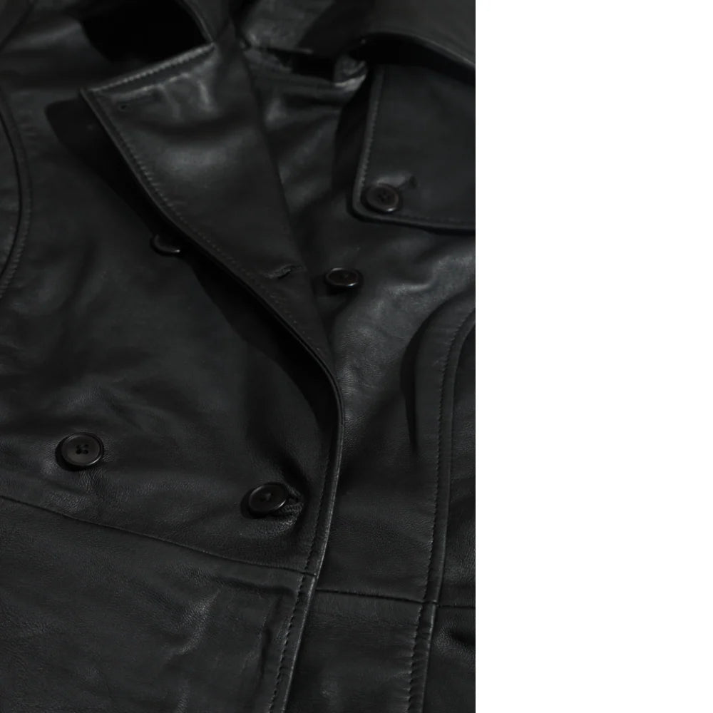 Close-up of a black leather coat with button details and lapels on a white background.