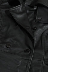 Close-up of a black leather coat with button details and lapels on a white background.