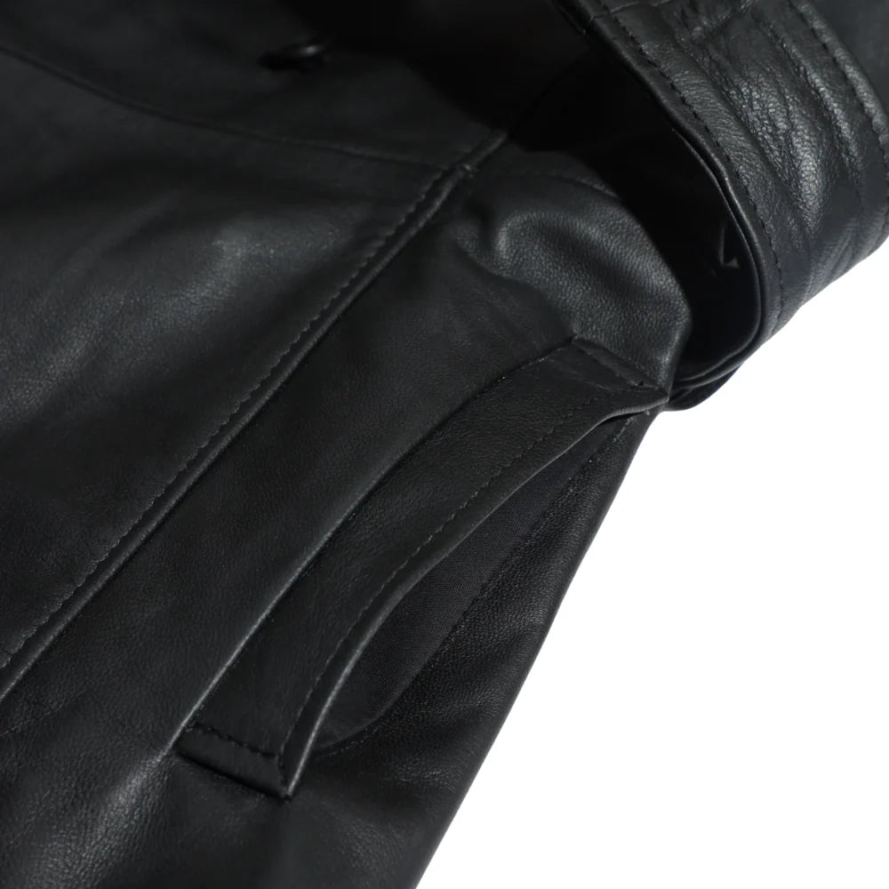 Close-up of a pocket of a black leather coat on a white background.