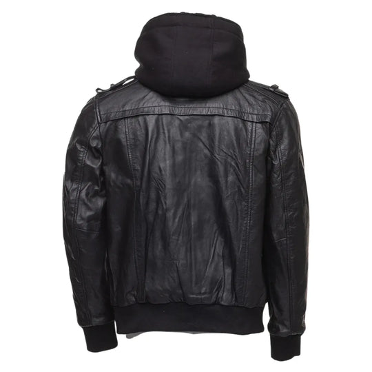 Daniel Clark Iron Hawk Hooded Bomber Jacket back view hooded leather bomber jacket