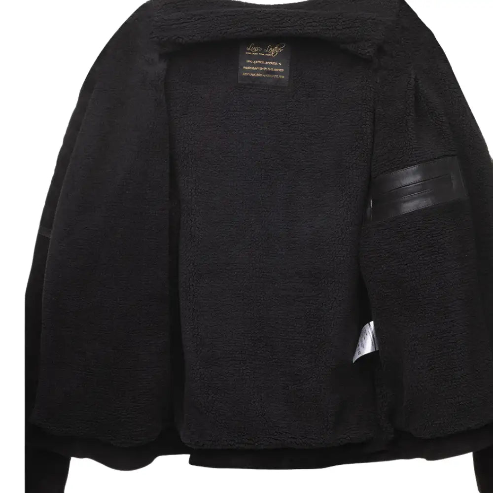 Interior lining of David Black Suede Leather Biker Jacket showing smooth inner fabric