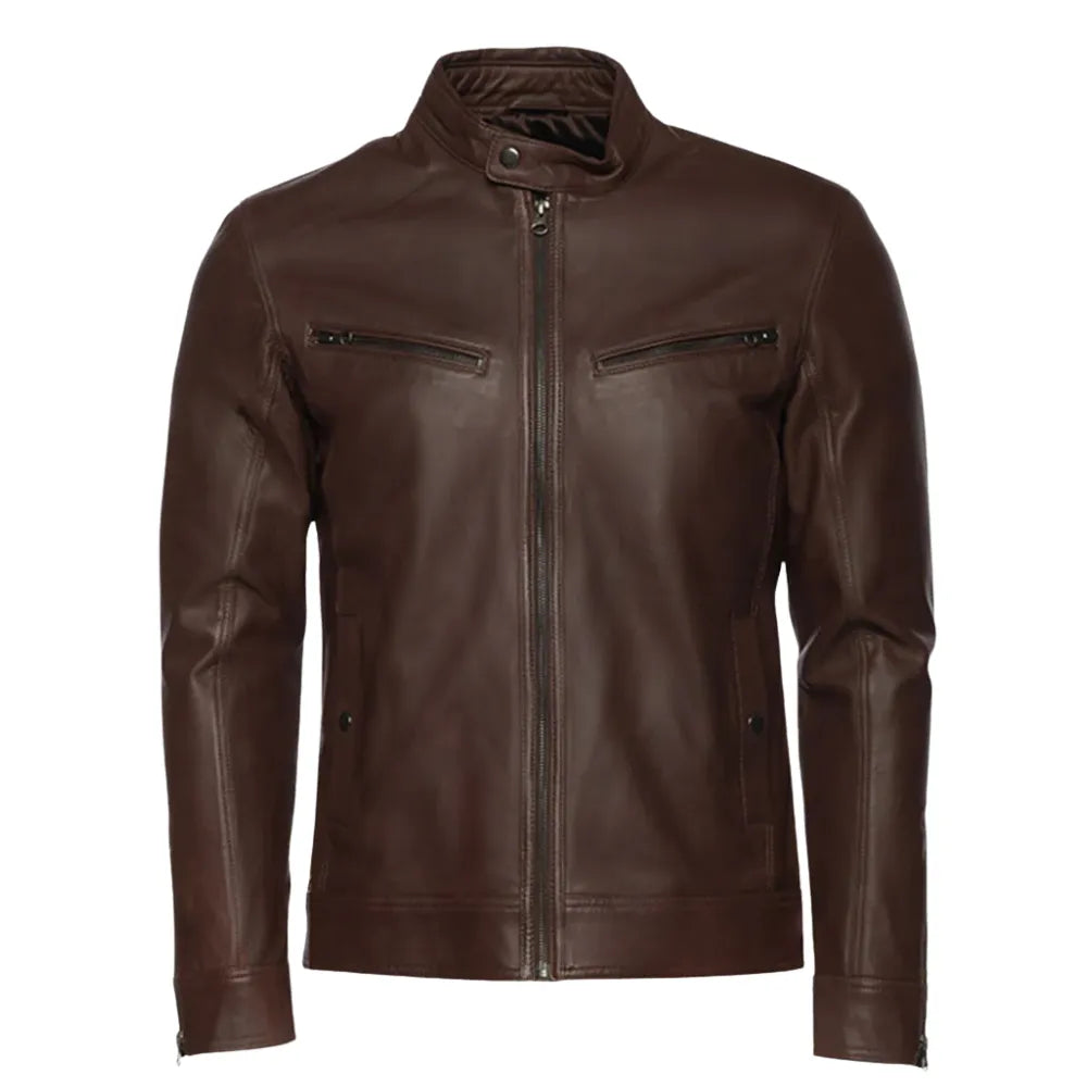 Declan Brown Café Racer Leather Jacket front view brown leather cafe racer jacket