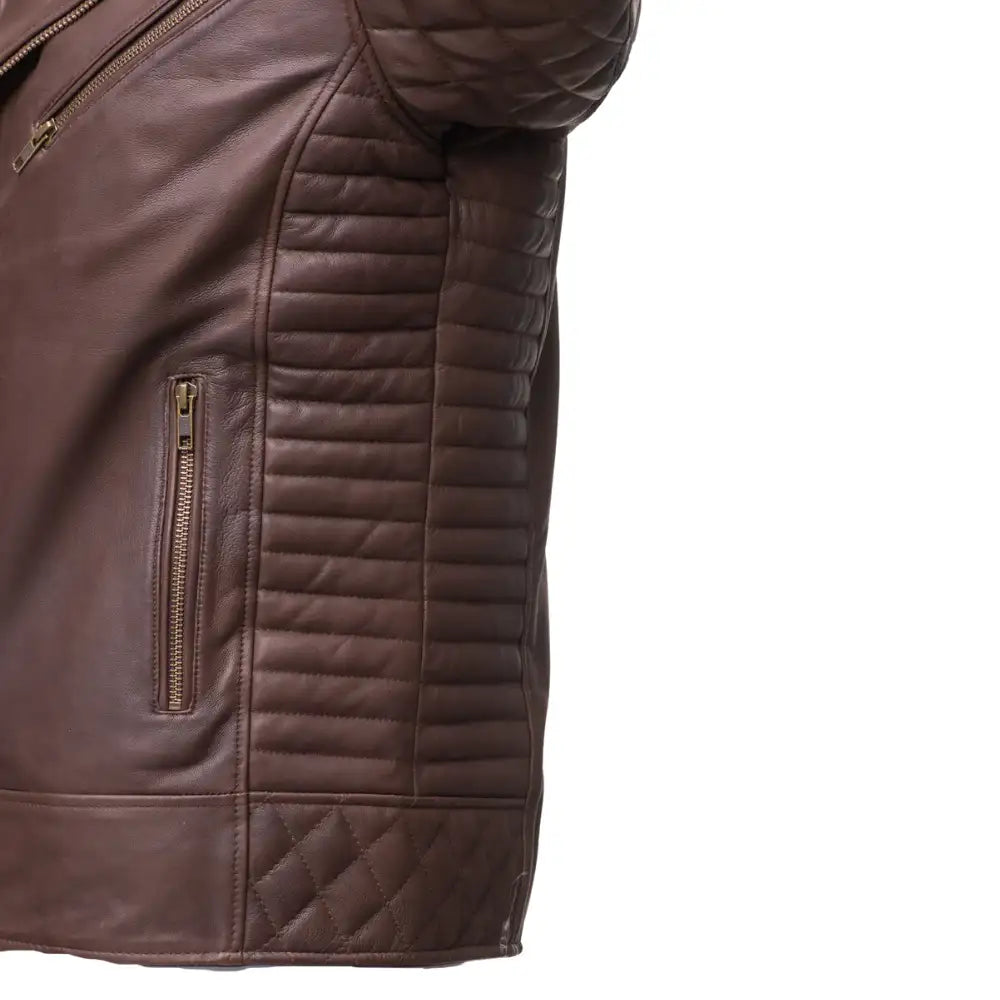 Detailed view of zipper and belt on diamond stitched brown leather biker jacket