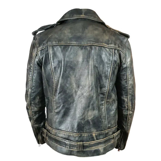 Back view of the distressed belted leather biker jacket, showcasing the rugged leather texture and belt detailing.