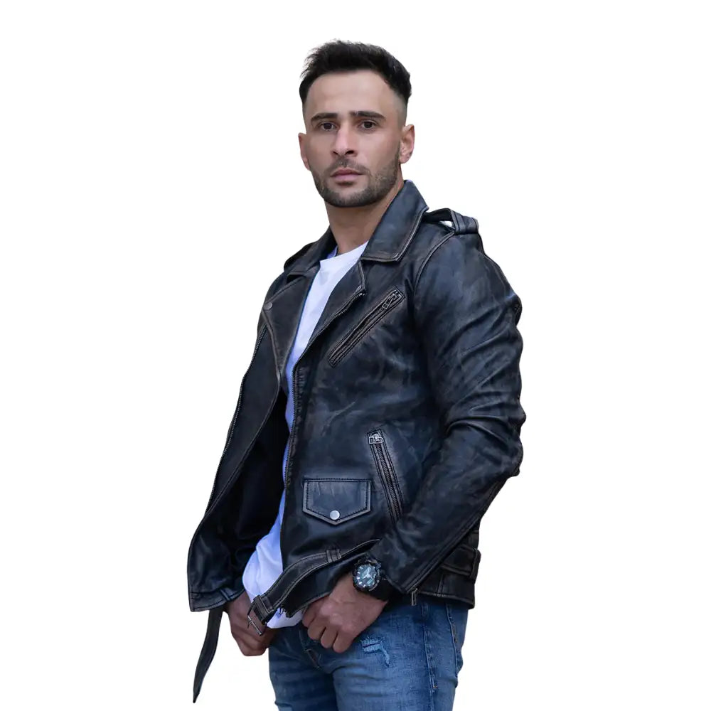 Model wearing the distressed belted leather biker jacket, styled with casual clothing for a bold, biker-inspired appearance.
