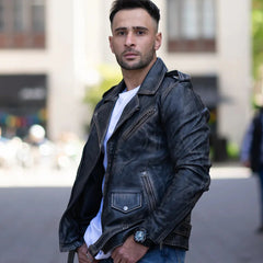 Model wearing the distressed belted leather biker jacket, styled with casual clothing for a bold, biker-inspired appearance.