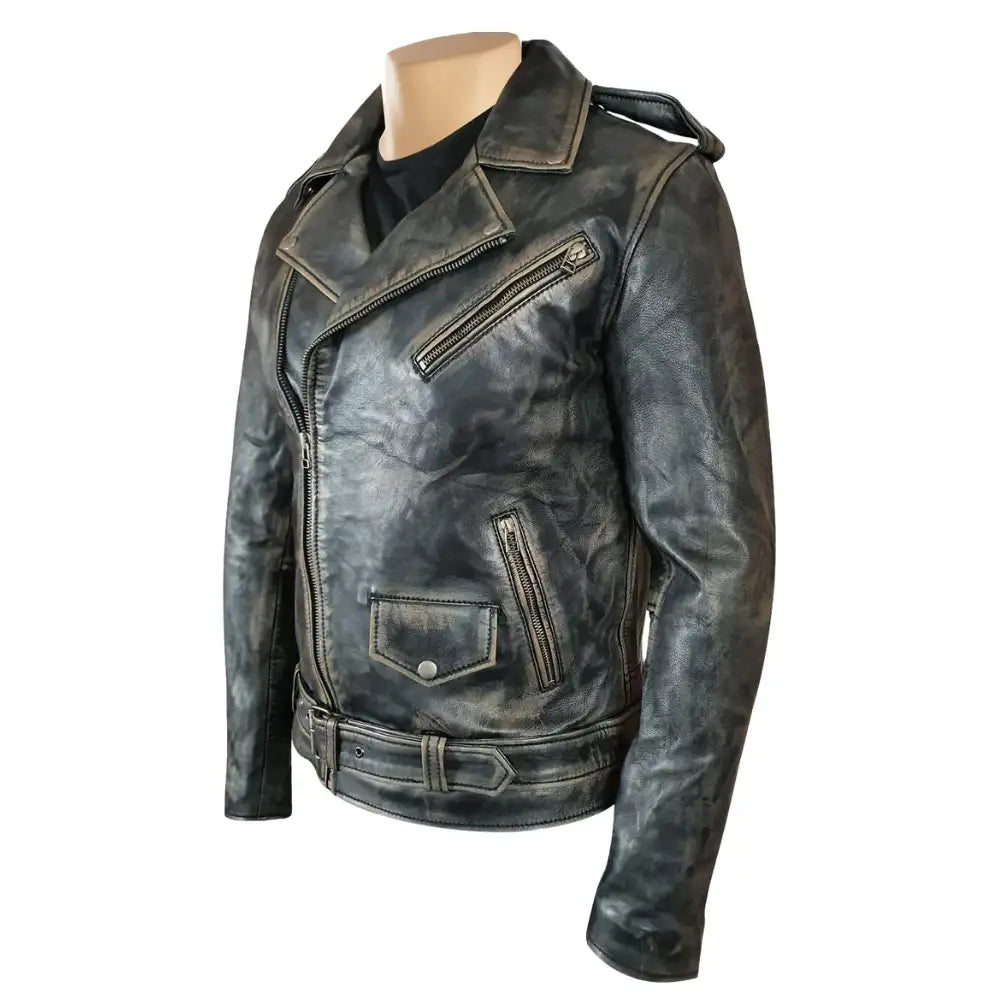 Side view of the distressed belted leather biker jacket, highlighting the classic biker fit and belt that cinches the waist for a more structured silhouette.