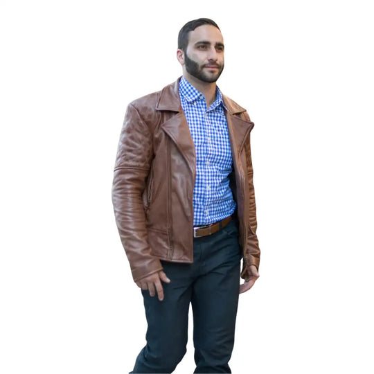Model showcasing fit of distressed sandwash leather biker jacket