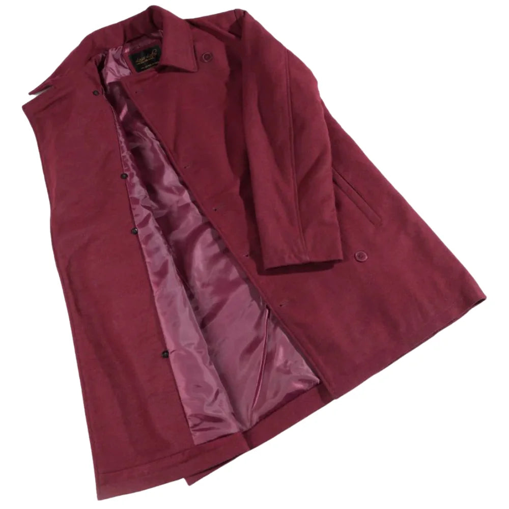 full Close-up shot of the Dorian Burgundy Wool Overcoat, white background.