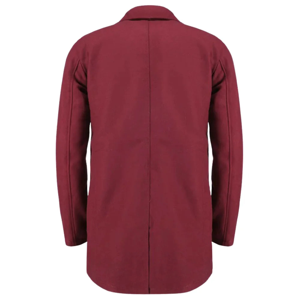 Rear view of the Dorian Burgundy Wool Overcoat showing the clean longline silhouette and center back vent on a white background.