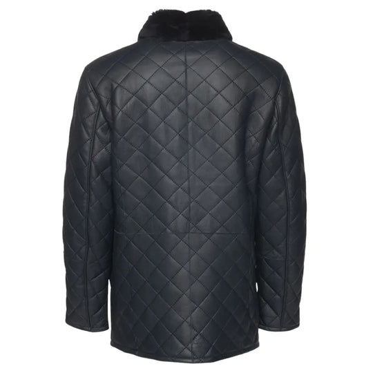 Drew Navy Quilted Sheepskin Shearling Coat back view navy shearling coat