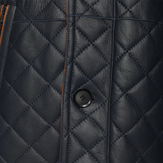 Drew Navy Quilted Sheepskin Shearling Coat button closure detail