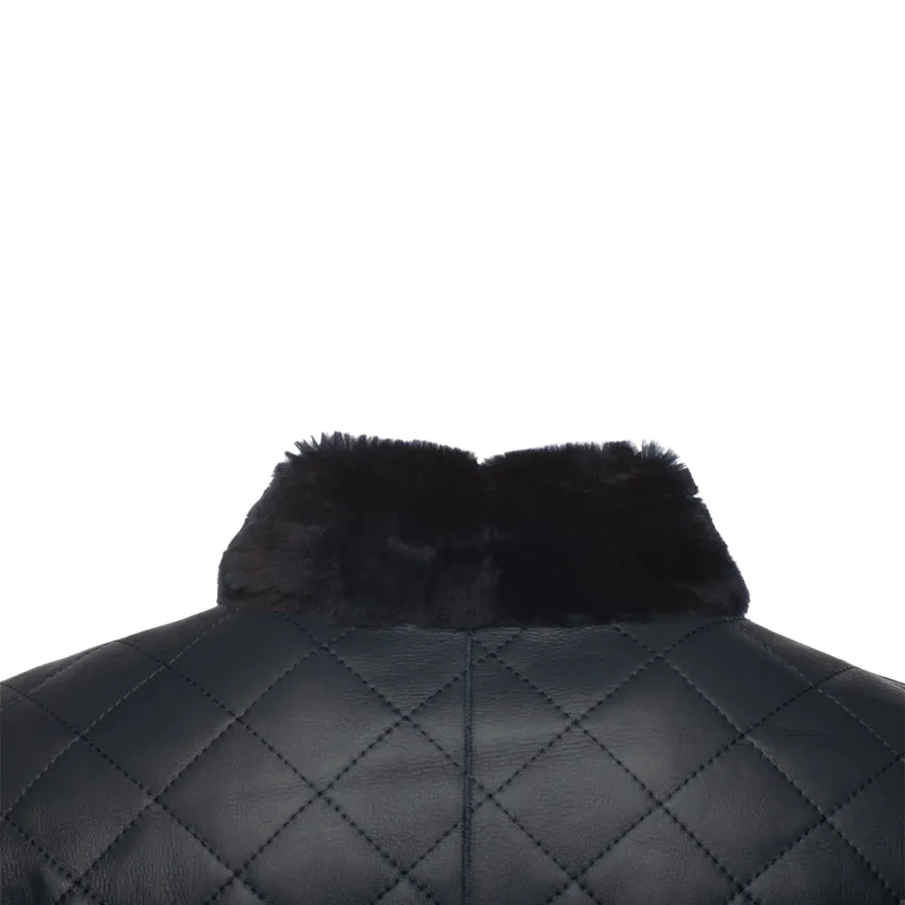 Drew Navy Quilted Sheepskin Shearling Coat collar stitching detail close up