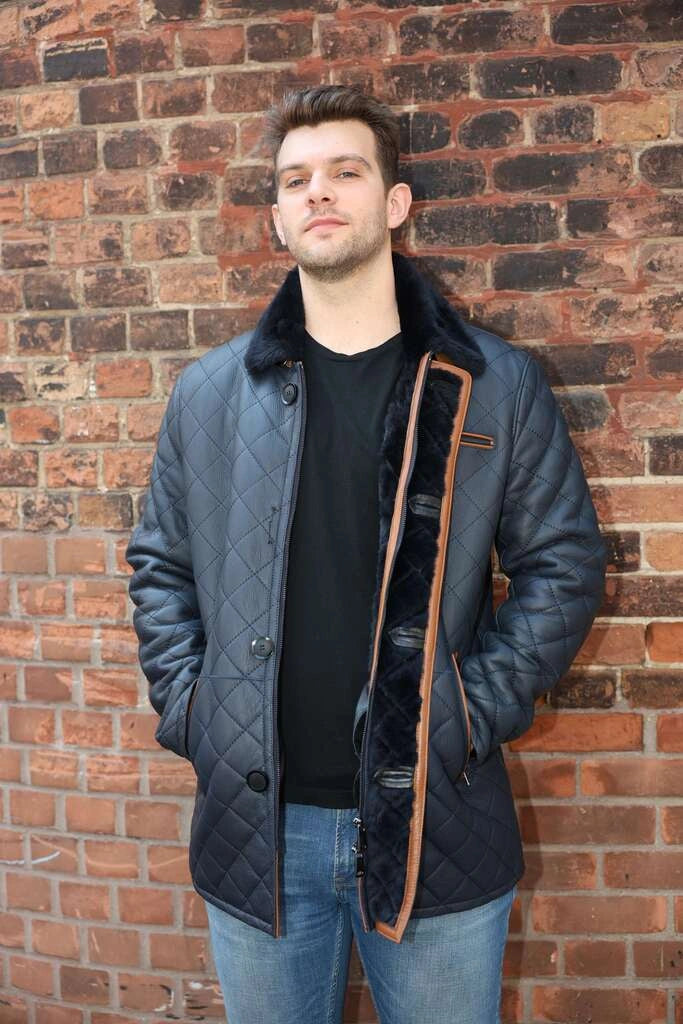 Model showcasing back of Drew Navy Quilted Sheepskin Shearling Coat