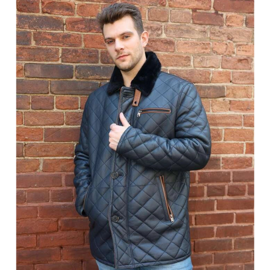 Model styling Drew Navy Quilted Sheepskin Shearling Coat luxury winter coat look