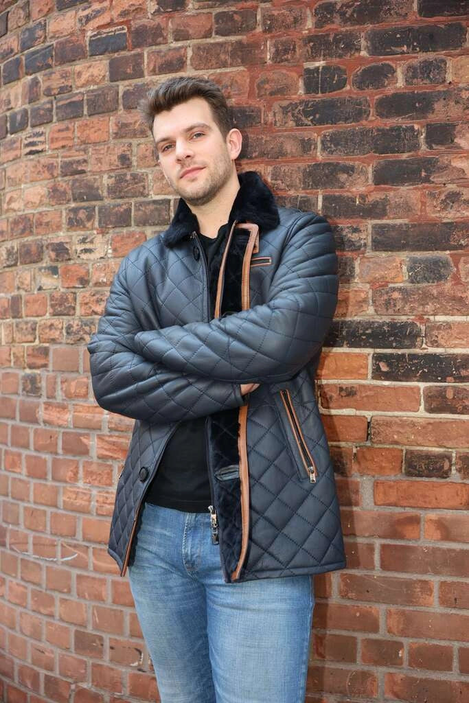 Model posing in Drew Navy Quilted Sheepskin Shearling Coat stylish winter outfit