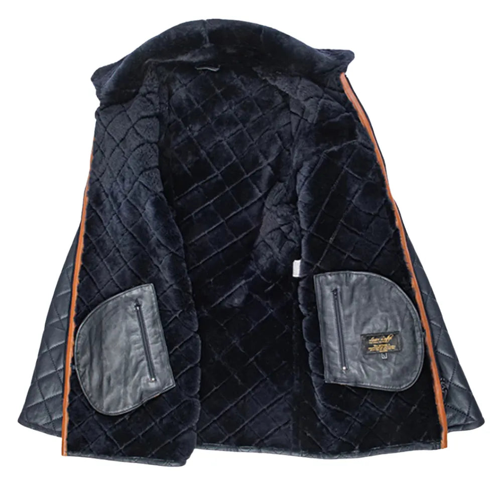 Drew Navy Quilted Sheepskin Shearling Coat close up quilted pattern detail