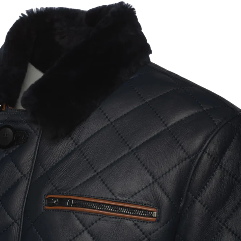 Drew Navy Quilted Sheepskin Shearling Coat side profile quilted sheepskin coat