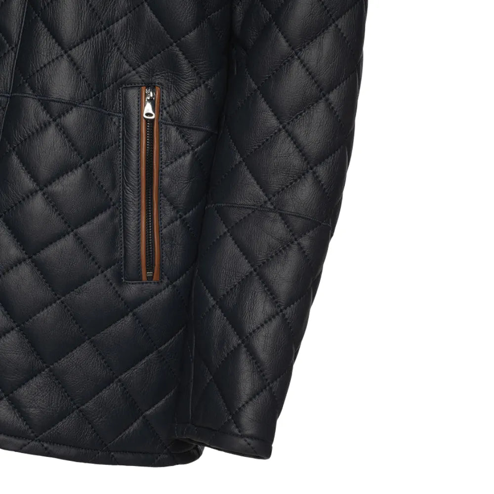 Drew Navy Quilted Sheepskin Shearling Coat sleeve detail quilted cuff