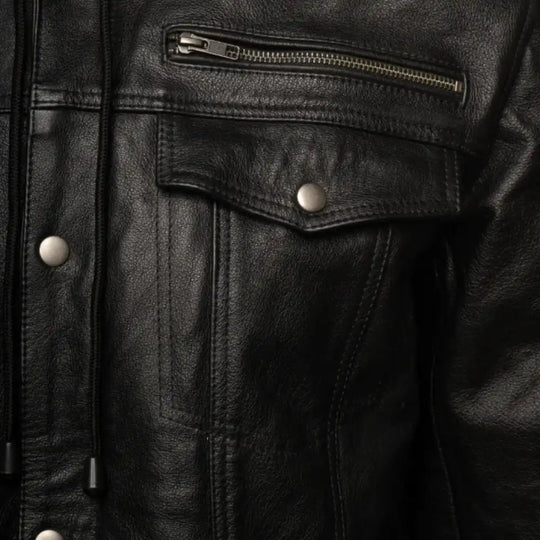 Close-up of the neckline where the soft fabric hood meets the premium black leather collar, highlighting the "2-in-1" lifestyle aesthetic.