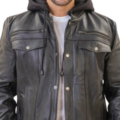A model wearing the Easton hooded trucker jacket with the hood up, demonstrating a laid-back, urban riding look that transitions easily to off-bike wear.