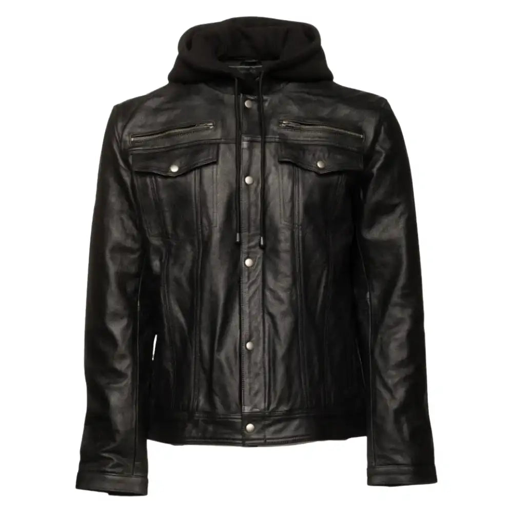 Front view of the Easton black leather trucker jacket, featuring a dual-closure system with a zipper and snap buttons, and a detachable grey fabric hood.
