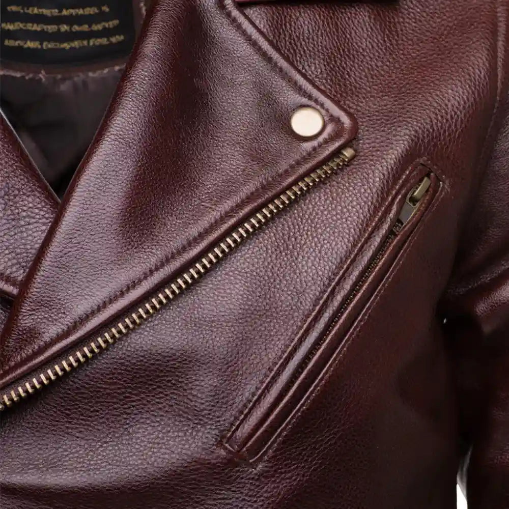 Close-up of zipper and quilted detail on Elliot oxblood leather biker jacket