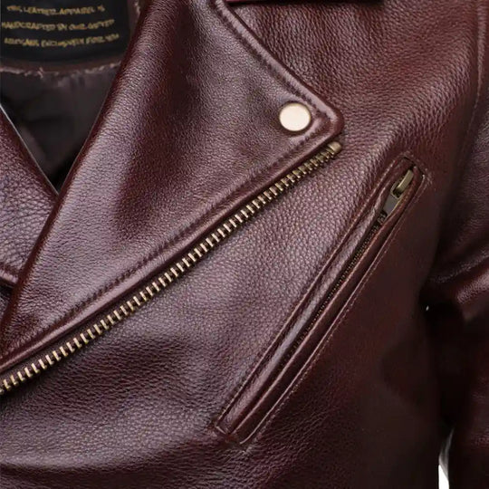 Close-up of zipper and quilted detail on Elliot oxblood leather biker jacket