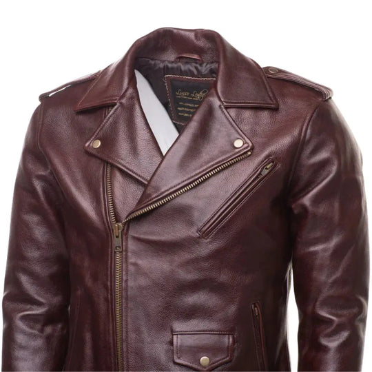 Full view of Elliot oxblood belted leather biker jacket