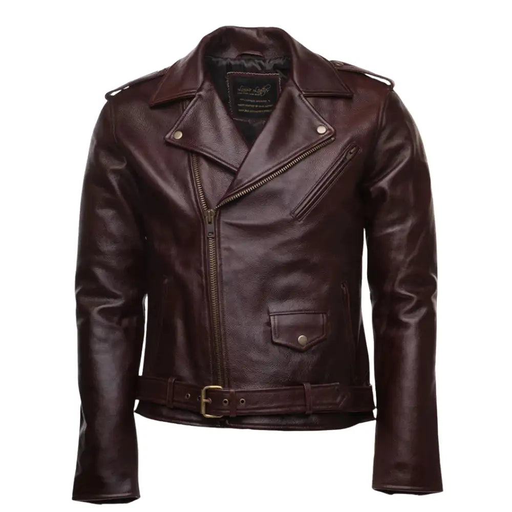 Elliot oxblood belted leather biker jacket shown from the front