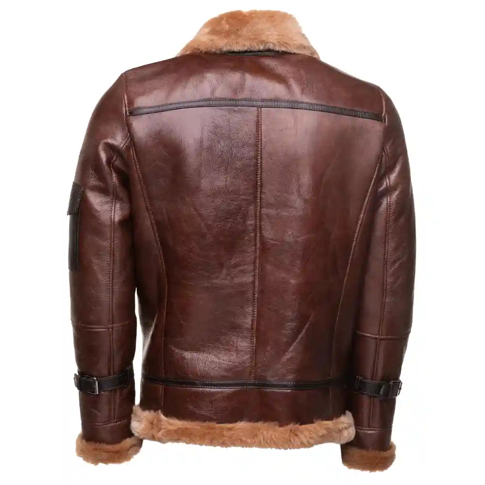 Esa Brown Bomber Sheepskin Shearling Jacket with Large Pockets back view brown shearling jacket