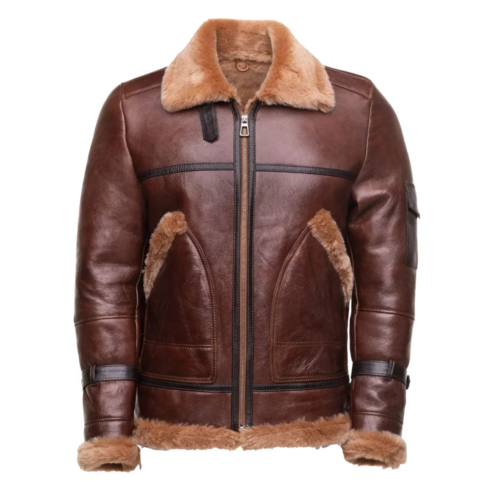 Esa Brown Bomber Sheepskin Shearling Jacket with Large Pockets front view brown bomber shearling jacket