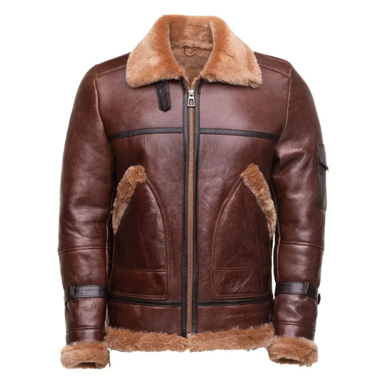 Esa Brown Bomber Sheepskin Shearling Jacket with Large Pockets front view brown bomber shearling jacket