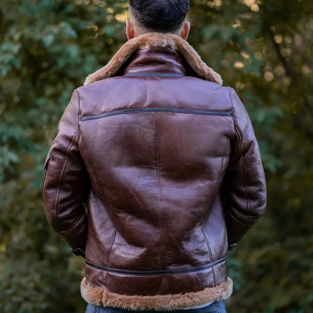 Model wearing Esa Brown Bomber Sheepskin Shearling Jacket with Large Pockets back view bomber jacket